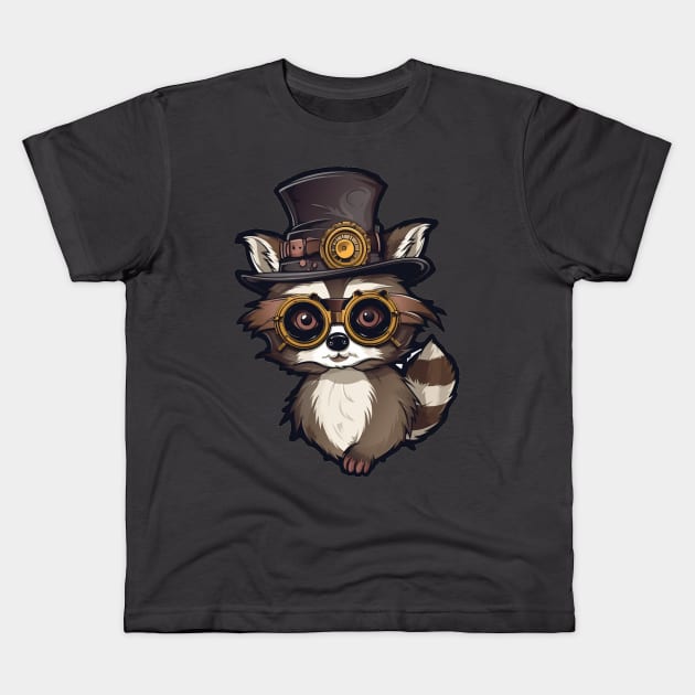 Cute Cartoon Steampunk Raccoon Kids T-Shirt by Obotan Mmienu